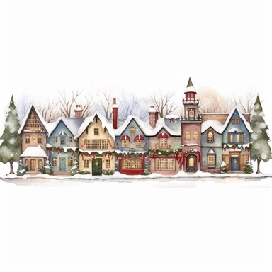 Christmas village, cute and small houses in a row, Clip art, magical, enchanting, wreaths, snow-covered streets, Watercolor, colorful buildings, sparkling, charming, detailed, glittery, shiny, twinkling lights, festive, ornate, traditional, whimsical, Mic