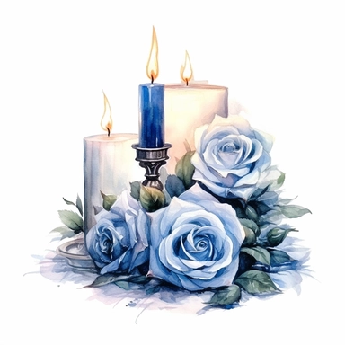 A watercolor painting of blue roses and candle, in the style of nostalgic illustration, graceful, illustration, transparent layers, elegant, emotive faces Sublimation Clipart,hyper realistic, intricate detail, illustration style,high solution,on the white background
