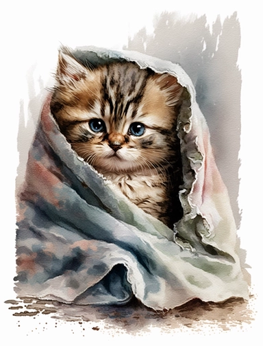 baby cat in a blanket, watercolor clipart, transparent background