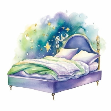 cartoon fairy bed, floating on clouds, glowing lights stars and sparkles, colors of green purple gold and blue, glamorous realistic and detailed, watercolor, white background with margins, clipart style