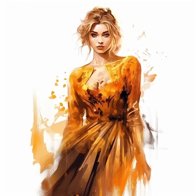 gothic style overrealistic beautiful woman in amber dress with watercolor effect,gold details,suitable for digital clipart,white background, no physical deformation, realistic features,royality fashion, space out