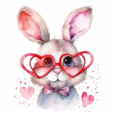 watercolor clipart, very cute single funny bunny in glasses, childlike innocence and charm, big and adorable in love eyes, cute and charming expression, funny and floppy ears, rosy cheeks, shy bunny, foreboding colors, valentines day themed cute, lovely hearts around the bunny, white background