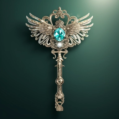 A mesmerizing clipart showcasing a legendary fairy tale tool: a shimmering and ornate key of wondrous proportions. The key should possess intricate details, such as delicate engravings depicting mythical creatures or symbols of magic. Its handle should be crafted from a rare and iridescent material, radiating an ethereal glow. The teeth of the key should be intricate and unique, as if they hold the secrets to unlocking mystical realms. Place the key against a pristine white background