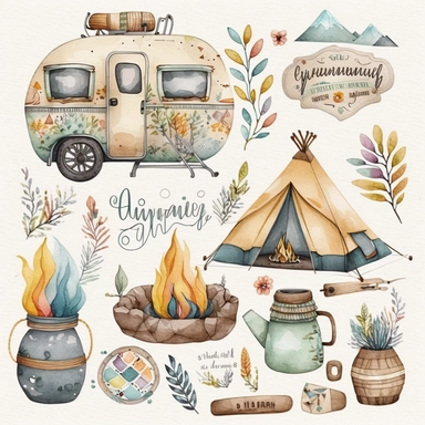 Watercolor boho camping illustrations clipart set, simple, soft colors, cartoon elements, different variants, cute little boy, tent, campervan, camping related items, pots, bonfire, , separate elements with a margin