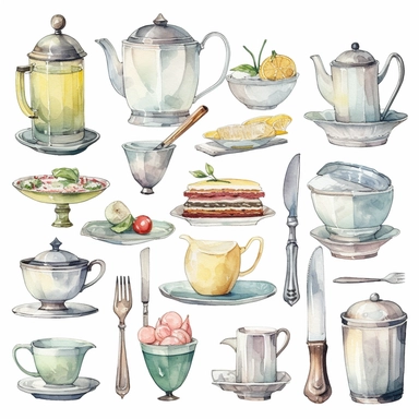 Watercolor vintage tea party items, illustrations clipart set, simple, soft colors, cartoon elements, different variants, teapot, sugar bowl, jug of milk, egg sandwich, stacked china plates, cake fork, tongs, china cup and saucer,napkin, knife,fork stacked teacups, lemon dish, , ,silver knife, ,silver fork, ,silver spoon,napkin, place hoplders, separate elements with a margin