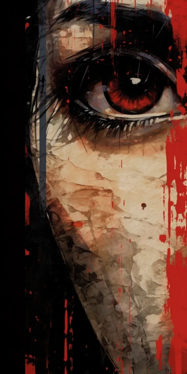 a newspaper clip art illustration with a red eye for an asian woman, in the style of large-scale murals, dark palette chiaroscuro, movie poster, mori kei, captivating documentary photos, showing the texture of thick oil paint strokes on the rustic canvas, hyper-detailed, richly colored, uhd 8k.