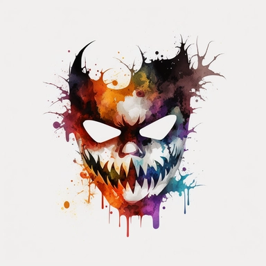 scary halloween mask watercolour tempera clipart illustration, vivid dark colours, clean, crisp, smooth, white background