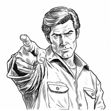 Man in flannel, black line drawing, clipart, with one arm naturally out and hand pointing to his cheek in a finger pistol gesture, black line drawing, Clipart
