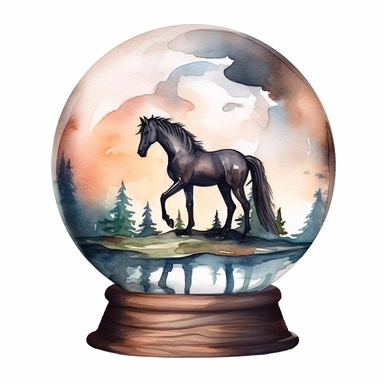 a beautiful glass globe with a wooden base, a black horse inside of it, watercolor clipart