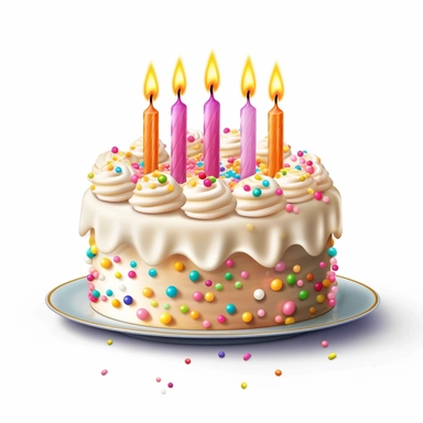 Create a high-quality clipart image of a classic vanilla birthday cake with lit candles. Show a round cake with layers of fluffy vanilla sponge cake and smooth vanilla buttercream frosting, adorned with colorful candles.