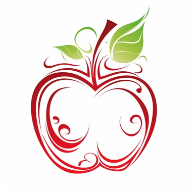 decorative red outline of an apple with a stem and a single green leaf, with flourishes, white space for copy inside, clipart, isolated on a white background