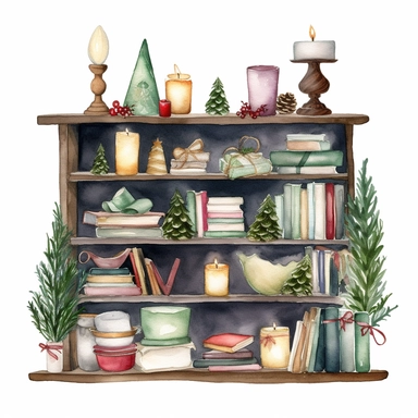 Watercolor Christmas objects consist of shelves, houses, candles, books, and fir branches. Hand-painted holiday card isolated on white background. Illustration for design, print, or background. realistic cartoon in 32K UHD. 15 cm thick outline. Black color. There was no shadow on the ground. 8k with realistic watercolors and detailed illustrations. PNG clipart, transparent white background