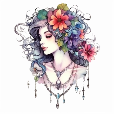 watercolor flower princess necklace drawing, illustration clipart, detailed, black outline, white background, digital art