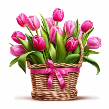 clipart of hot pink tulips in a basket, in the style of uhd image, high detailed, stock photo, colorful realism, ornate still lifes, isolated on flat white background
