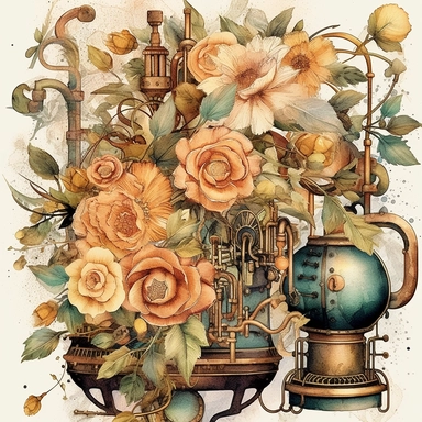 Transport your audience to a mesmerizing realm where steampunk aesthetics meet the fluid beauty of watercolor with this captivating collection of floral arrangements clipart. Harness the expressive power of watercolor as the artistic medium, allowing its translucent layers and delicate brushstrokes to bring life to the steampunk-inspired compositions. Infuse the artwork with the distinctive elements of steampunk culture, referencing the works of authors like H.G. Wells and incorporating imagery 