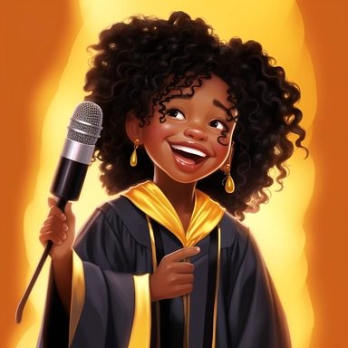hyper realistic clip art A tall little black girl , gorgeous face long braided hairstyle holding a mic in her hand singing on the choir. she is dressed in a church choir robe, happy, people in the background sharp 24k - - ar5:20