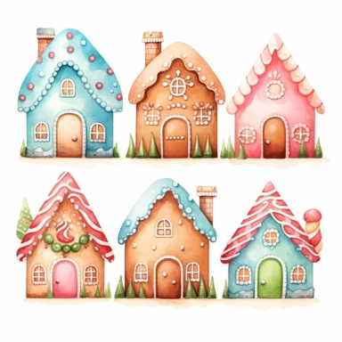 very simple watercolour childrens book style drawing of different cute gingerbread houses, pastel colours soft on white background for clipart, 8k