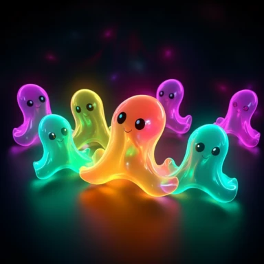 clipart, A group of cute, neon-colored ghosts floating in a dark night sky. Each ghost should have a unique expression and be adorned with glowing accessories like hats or bows. The ghosts should emit a soft glow, creating an enchanting scene. Camera setup: Close-up shot with a macro lens to capture the details of the ghost characters. Use a low ISO to minimize noise and enhance the glow effect