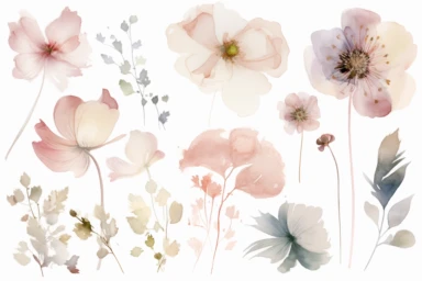 watercolor flower collection psp file for kawaii, clipart, in the style of organic forms, muted tones, anton mauve, nick veasey, tender depiction of nature, silver and pink, ultrafine detail, rebecca louise law