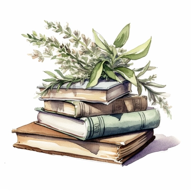 a nostalgic watercolor clipart image with a white background, showcasing a stack of sage-scented books, inviting readers to explore the wisdom of this herb.