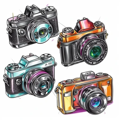 clipart collection of a set of four digital camera ,highly detailed, crisp sharp lines , istock, clip-art, ,, 2070s, steel, , how-to, , harmony of, marker”, , 4, instrument, ultimate, 5, movies, three - dimensional , high quality vector svg white background , organised in rows spaces gap orderly