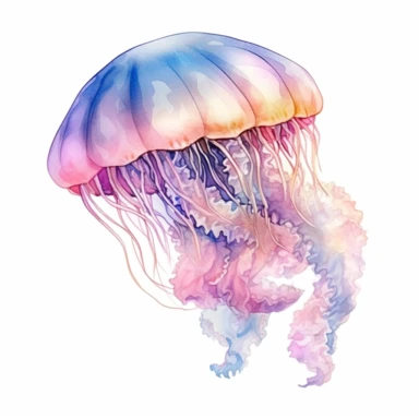 A clipart of a jellyfish floating gracefully in the ocean depths, crafted in watercolor style, all on a white background.