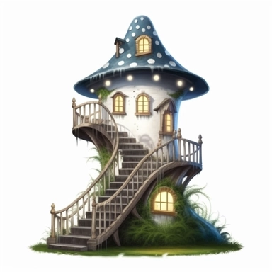 Clipart with white background of a Mushroom Fairy House on a green meadow. Create an illustration that shows the house with decorative details, such as fairy lights that illuminate at night or a small staircase for fairies to climb onto the roof, 4k