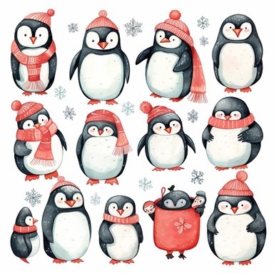 penguin Christmas clipart set, whimsical and cute hand drawn illustration, playful expression, rounded shapes, isolated image white background