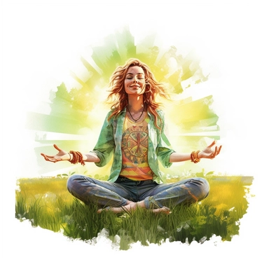 enchanted Front illumination of ultra realistic watercolor of full body of an insanely beautiful hippie country happy woman, doing yoga pose in grass field , highly detailed and realistic, insane quality, mystic, wiccan, art nouveau art style, clipart witchcore dreamcore cottagecore, good looking meditation, yoga calm, serene, healthy, white background no text, isolated on white, watercolor illustration, award winning, strong and sharp lines