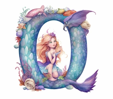 create clipart of children book illustration letter Q with Mermaid fairy in the style of ruth sanderson, baby blue and purple, skottie young, soft-edged, white background