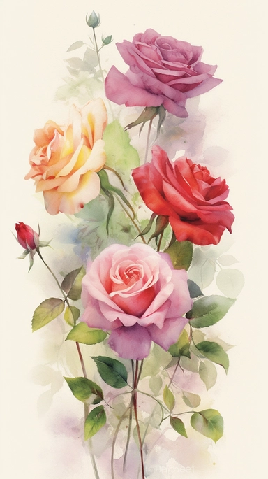 A mesmerizing clipart of Roses, rendered in a breathtaking watercolor style, presented on a white painting canvas with a 9:16 aspect ratio. The clipart showcases a vibrant collection of roses, ranging from deep crimson to soft pastel shades. Each rose is intricately detailed, with delicate petals and lush green leaves that exhibit the artist's skillful brushwork. The watercolor technique brings a sense of movement and fluidity to the artwork, with the colors blending harmoniously on the canvas. 