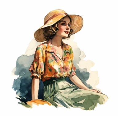 vintage woman colorful illustration old fashioned summer , Hand drawn , watercolor style,clipart,no shadow,single design, print on demand image, PNG transparent ,white background for removing background - - no text shadow font watermark