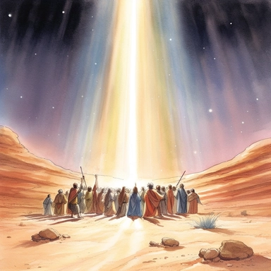 A beam of light guiding many Israelites through the desert at night, clipart, watercolour