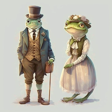 frog and toad lady gentleman cute, clipart, white background real looking