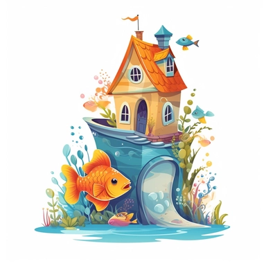a fish home clipart with white background, kids, ocean, cartoon illustration, few details, beautiful colors, clean