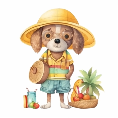 Summer cute cartoon dog dressed for summer, clipart, watercolor illustration for kid, white background