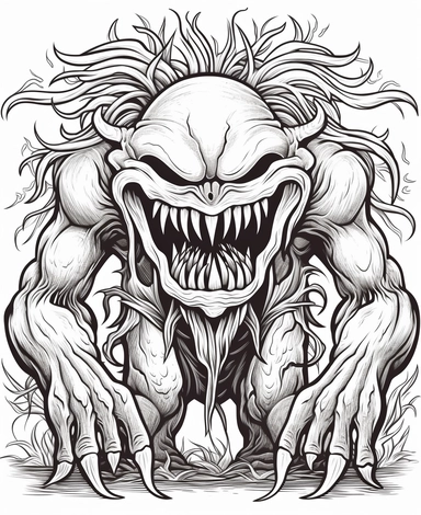 clean black and white coloring page of coconut monster, predator style crisp lines white backgrount no fill, only black marker, low detail vector, clipart,