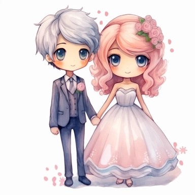 full body Little bride and groom, pastel Watercolor Clipart, strybk, full Illustration, 4k, sharp focus, watercolor, smooth soft skin, symmetrical, soft lighting, detailed face, concept art, muted colors, watercolor style, strybk, children's style fairy tales, chibi kawaii, . Octane rendering, 3d. Perfect face, detailed face, delicate face, perfect sharp lips, detailed eyes. Craig Davison, Aubrey Beardsley, Conrad Roset, Aikut Aidogdu, Agnes Cecil, watercolor style