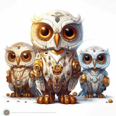 fantasy owl, fantastic owl, wallpaper owl, gods art, aion, Kawaii owl, wallpaper owl, gods art, aion, jewelry, A team of 6 supportive, curious, nerdy computer cats and robots, clipart by Sarah Anderson, pure white background