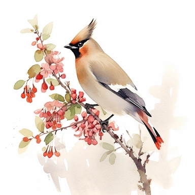 BOHEMIAN WAXWING,FLOWER, watercolor painting by JOHN SINGER SARGENT, clipart, white background