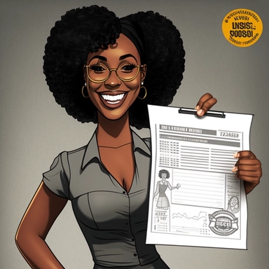 clipart of beautiful black woman holding a budget sheet with five fingers only on each hand detailed and her smiling happily