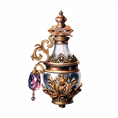 Victorian Perfume Atomizer: Design a clipart showcasing a vintage Victorian perfume atomizer, with a bulb and a delicate glass container for storing perfume, watercolor Clipart, watercolor Sublimation graphics, hand drawn illustration by james christensen style, Watercolor clipart, single design, single object, print on demand image, PNG transparent background, white background for removing background - - no text shadow font watermark, 8k