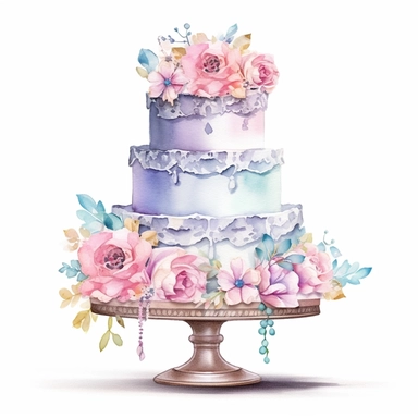 Create a stunning watercolor clipart featuring an exquisite and intricately designed wedding cake. Use a vibrant color palette to bring out the beauty and elegance of the cake. Incorporate delicate details, such as intricate lace patterns, cascading flowers, and ornate tiers. Apply gentle brushstrokes and blending techniques to achieve a soft and dreamy watercolor effect.