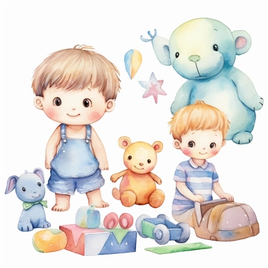 cute baby toys watercolor girl and boy clipart