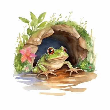 Create a watercolor illustration clipart of a playful cute Frog Digging a tunnel, with its full body visible. Use soft, flowing brushstrokes and a warm, inviting color palette to create an image that is both charming and whimsical. Incorporate intricate details like the motion of the Frog Digging a tunnel to create a lifelike, realistic image. Can add other elements to the illustration like related item to play to create playful scene. Use white background to allow the watercolor textures to shi