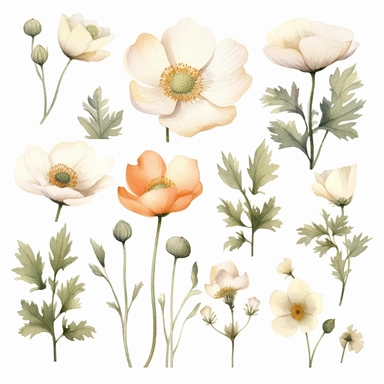 Watercolour clipart white color variations, burnet rose blossom, vintage effect, high quality, soft and muted colours, bright white background, 8k, f1