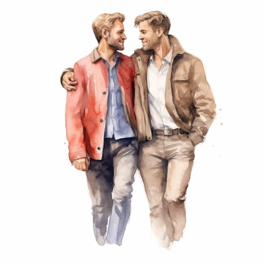 Watercolor drawing of a handsome dreamy gay couple, men couple, romantic watercolor clipart, white background, isolated on white, 8k, watercolor style