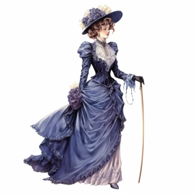 A Victorian lady in a victorian outfit. Her poised expression and magnetic gaze draw you into her world of Victorian splendor. Against a white background, the intricate details of her attire, including the flowing silhouette and intricate drapery, are depicted with exceptional detail and lifelike realism. Clipart, watercolor, white background, intricate detail, unreal engine cinematic smooth