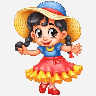 a cute blond little girl dressed for a brazilian junina party, with a blue and yellow flowing dress, braids in her hair, red shoes, happy, Monica's gang style, Graphics Maurício de Sousa, digital art, big eyes, cartoon, clipart , country girl from festa junina from brazil cute drawing white background