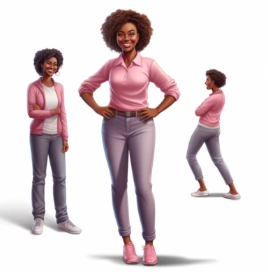 full body shot of smiling African American Black Girl Magic boss lady vector clipart vector illustration with transparent background, in the style of light indigo and light crimson, photo-realistic hyperbole, cluj school, transparent/translucent medium, detailed crowd scenes, light pink and light emerald, dark brown and white